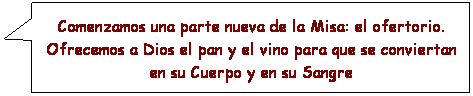 Llamada rectangular: Comenzamos una parte nueva de la Misa: el ofertorio. Ofrecemos a Dios el pan y el vino para que se conviertan en su Cuerpo y en su Sangre
